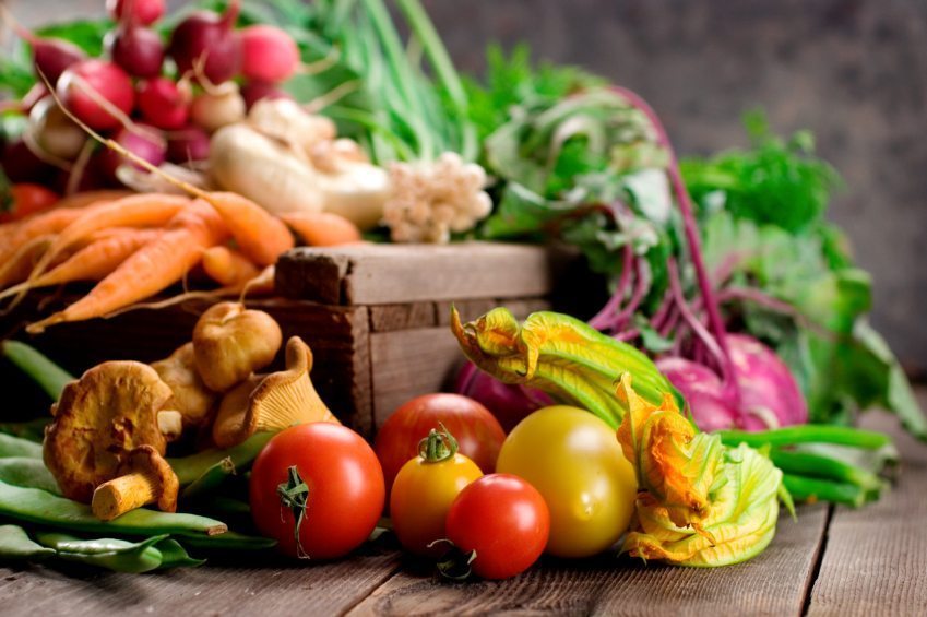 A selection of fresh organic vegetables on display.  Shallow dof
