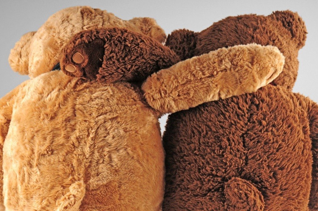 Two stuffed animal bears in embrace